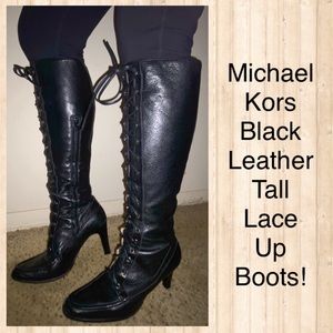 Michael Kors Black Leather Tall Lace Up Boots!